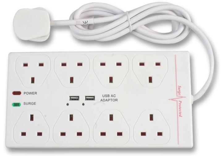 8 Way Surge Protected Extension Lead with USB Charger