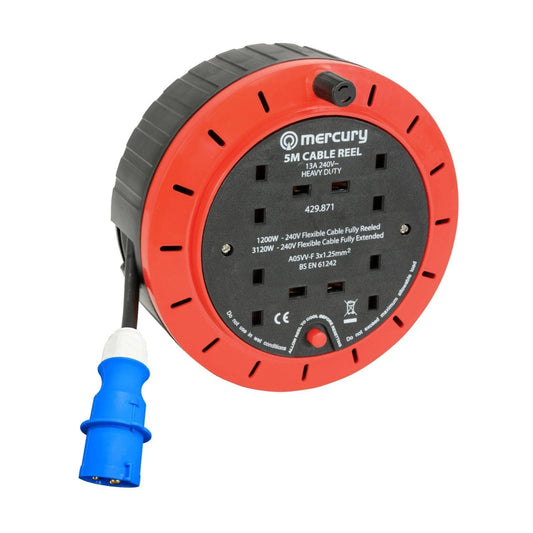 Camping Caravan Electric Hook Up Cable Reel 16A Plug 5m 10m Mains Power Extension Lead