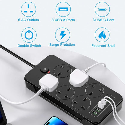 6 way surge protected extension lead with usb