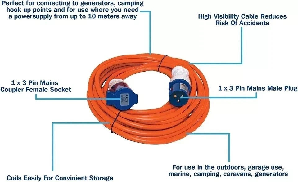 10m Mains Hook Up Lead Extension cable Heavy Duty 230v Caravan Motorhome Camper